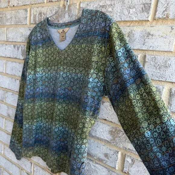 Woolrich Long Sleeve V-Neck Green/Blue Abstract Stripe Cotton Shirt Size M - Picture 6 of 8